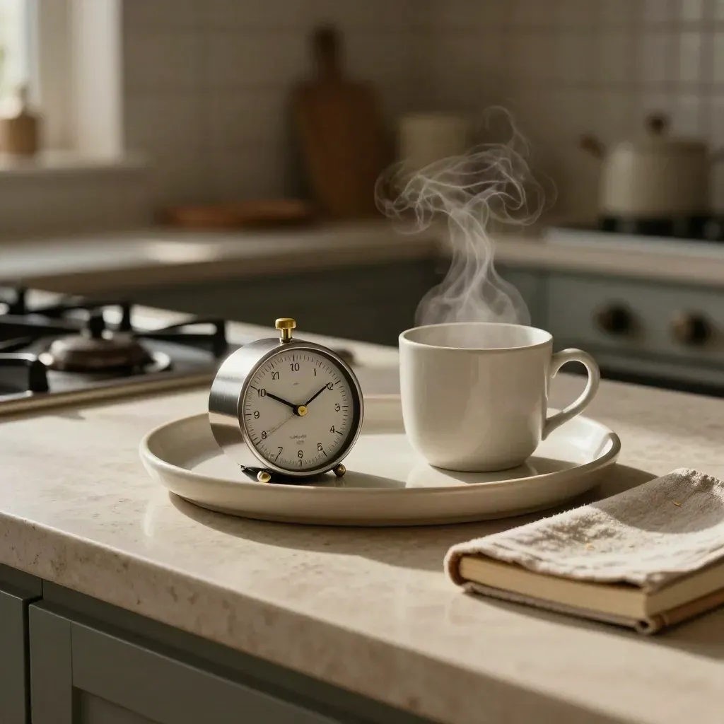 Bandeja cerámica con temporizador, taza humeante, cuaderno cerrado y paño sobre encimera.
