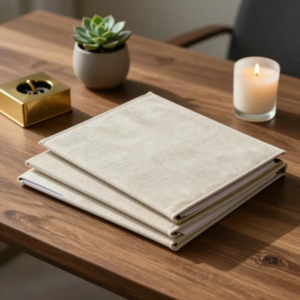 Carpetas de planificación, pisapapeles de latón, planta y vela sobre mesa de coaching