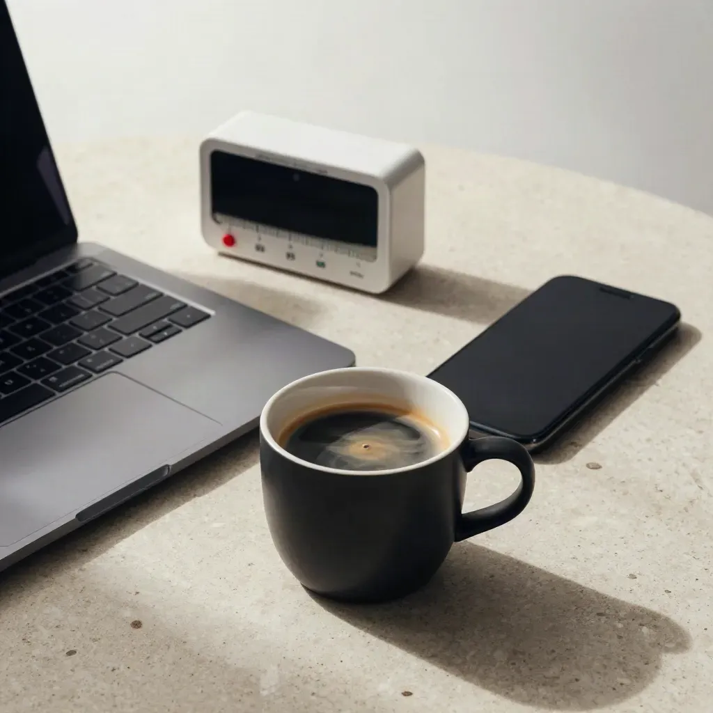Portátil cerrado, móvil boca abajo, temporizador y taza negra sobre mesa clara, en luz suave.