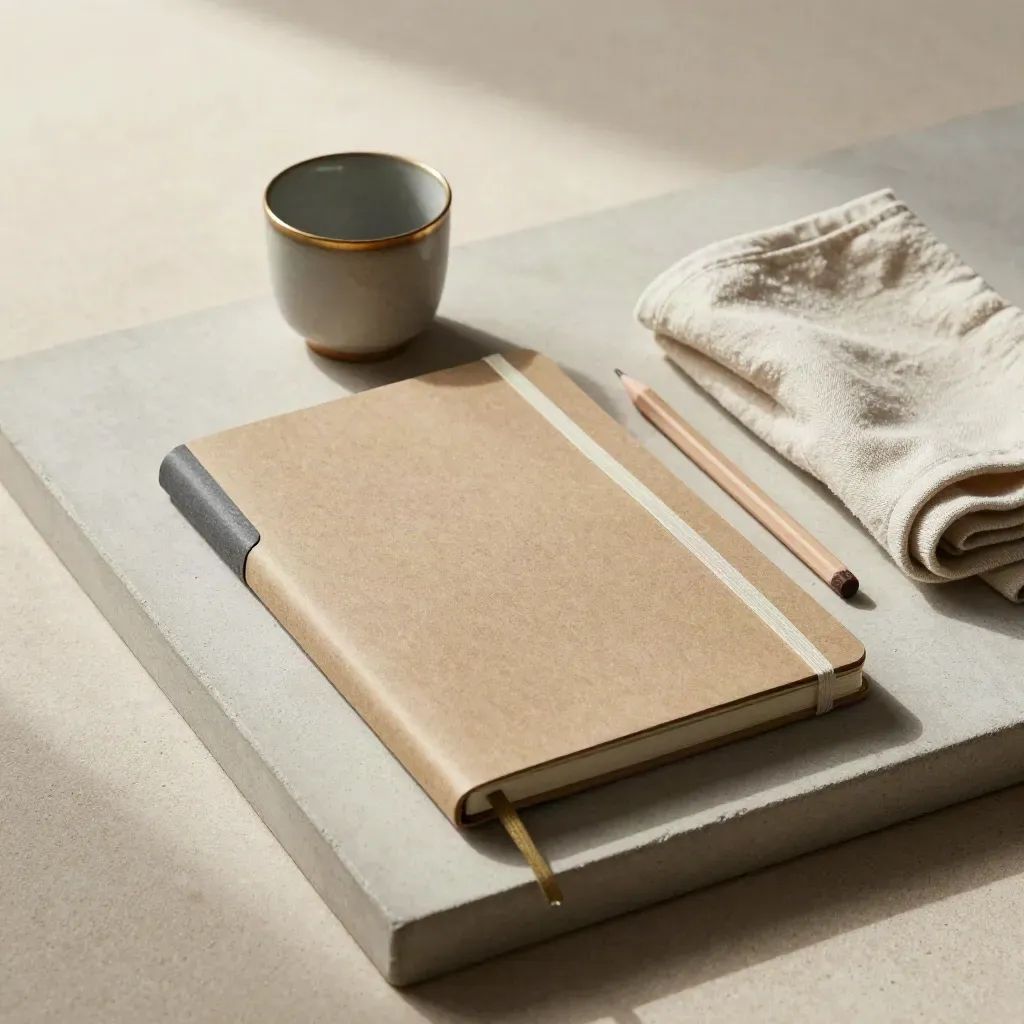 Cuaderno de bolsillo cerrado con pestañas, lápiz corto, taza y paño sobre bandeja de piedra.
